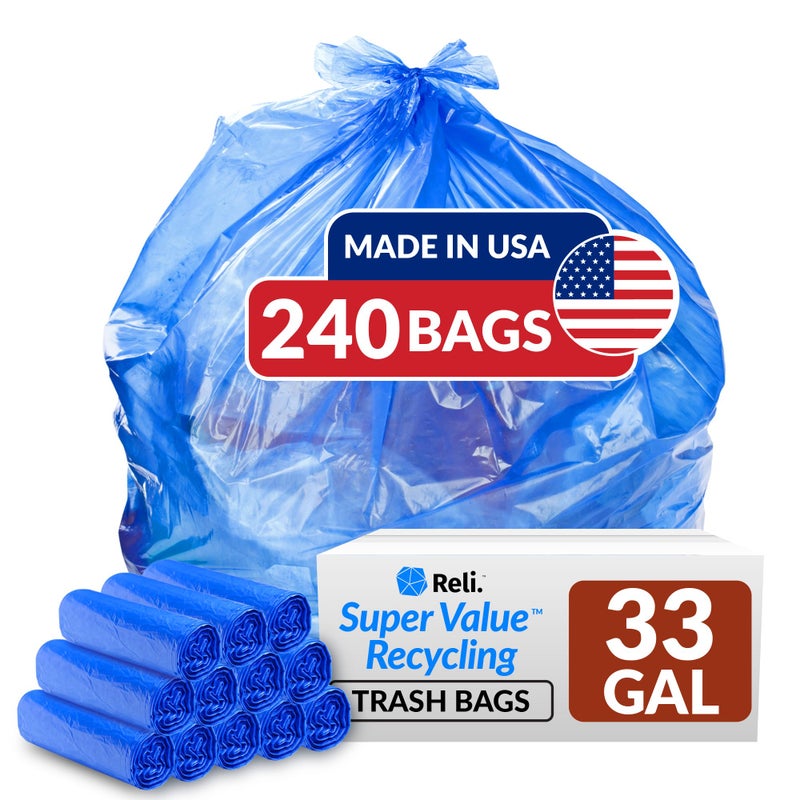 Reli. SuperValue 33 Gallon Recycling Bags (240 Count, Bulk) Made in the USA - Blue Trash Bags, 30-33 Gallon | Blue Recycling, Garbage | 33Gal with 30Gal, 33Gal, 35Gal Capacity - Image 1